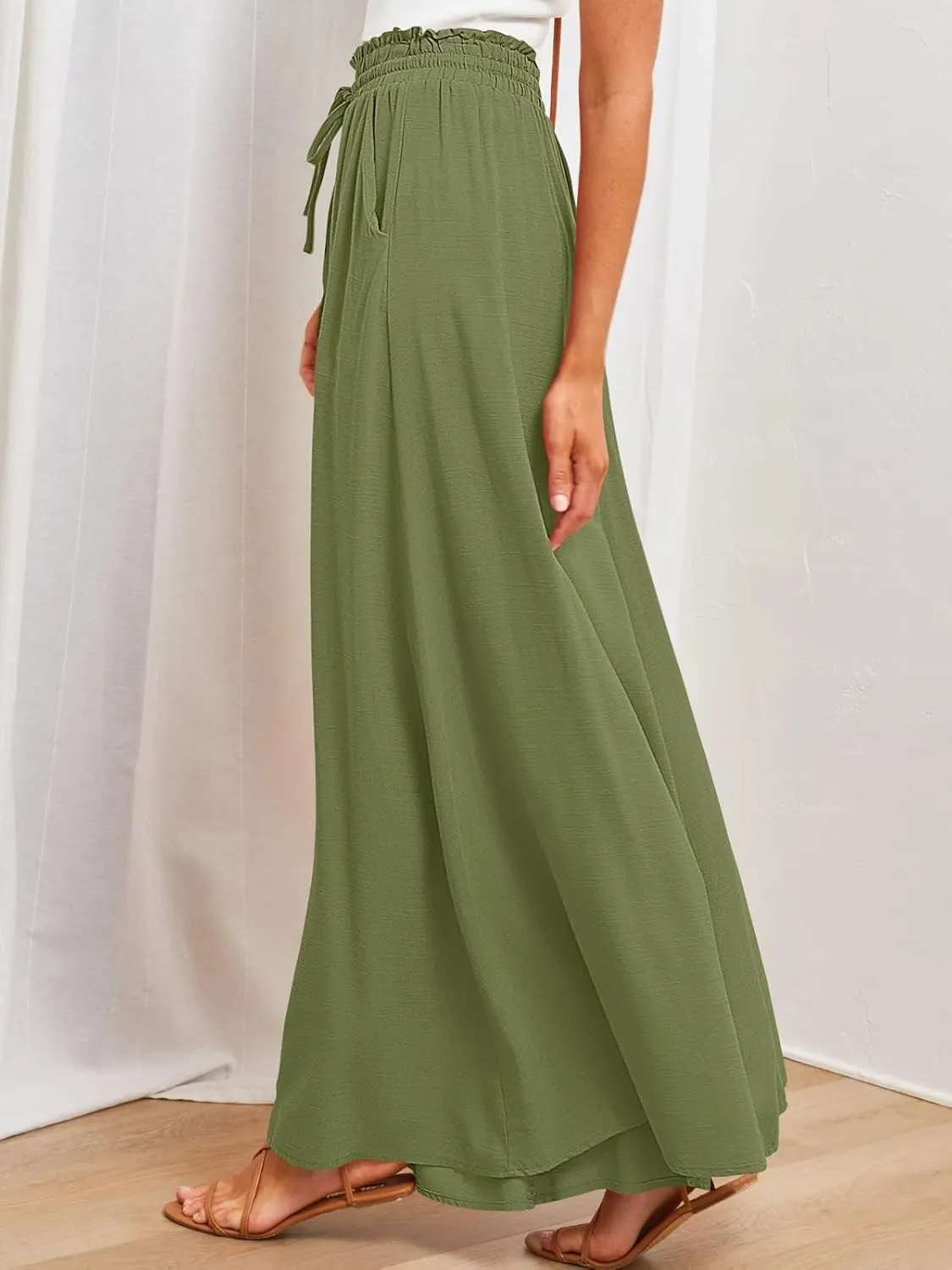 Womens Cotton Linen Wide Leg Pants Casual Elastic Belt High Waist Wide Leg Pants with Pockets Palazzo Lounge Pant