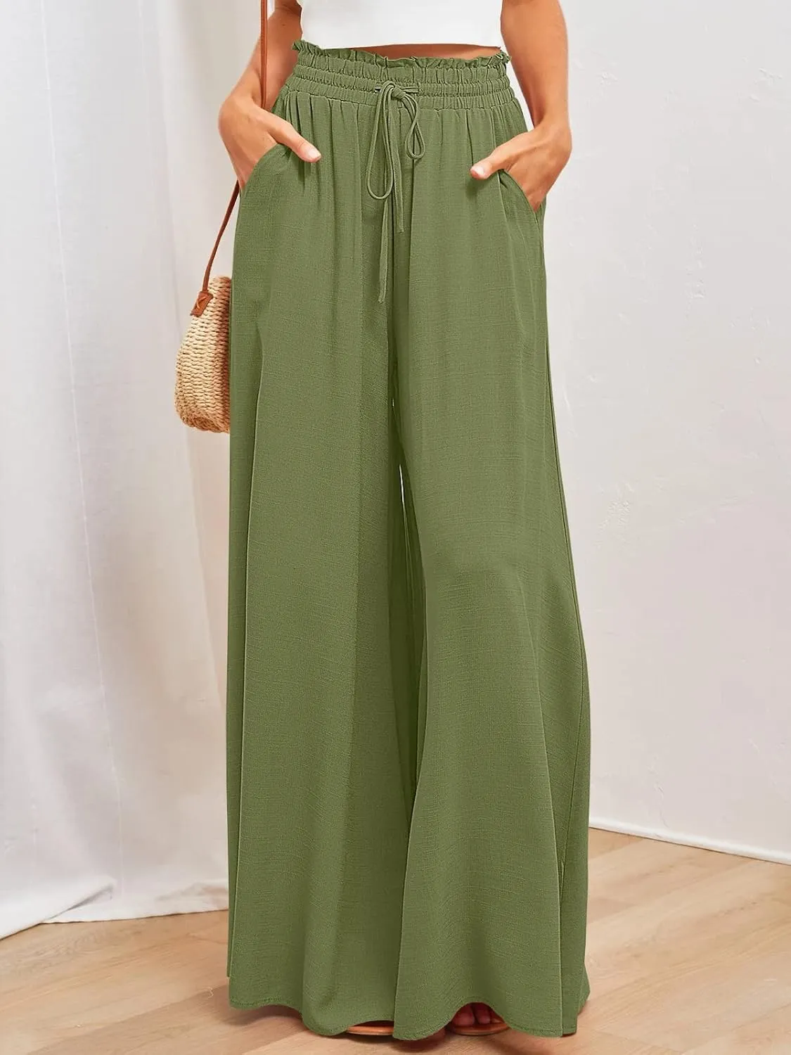 Womens Cotton Linen Wide Leg Pants Casual Elastic Belt High Waist Wide Leg Pants with Pockets Palazzo Lounge Pant