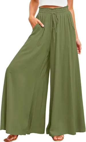 Womens Cotton Linen Wide Leg Pants Casual Elastic Belt High Waist Wide Leg Pants with Pockets Palazzo Lounge Pant