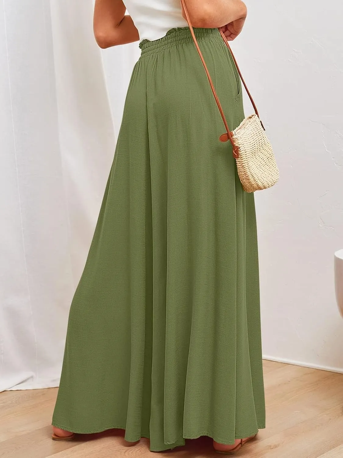 Womens Cotton Linen Wide Leg Pants Casual Elastic Belt High Waist Wide Leg Pants with Pockets Palazzo Lounge Pant