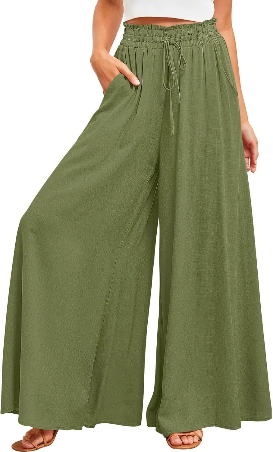 Womens Cotton Linen Wide Leg Pants Casual Elastic Belt High Waist Wide Leg Pants with Pockets Palazzo Lounge Pant