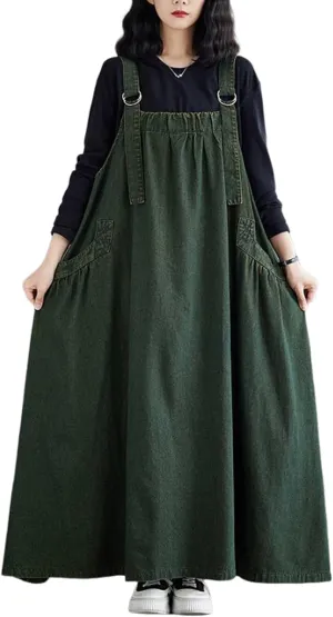 Women's Denim Pullover Casual Loose Sleeveless Adjustable Strap Denim Dress with Pockets and Wide Hem