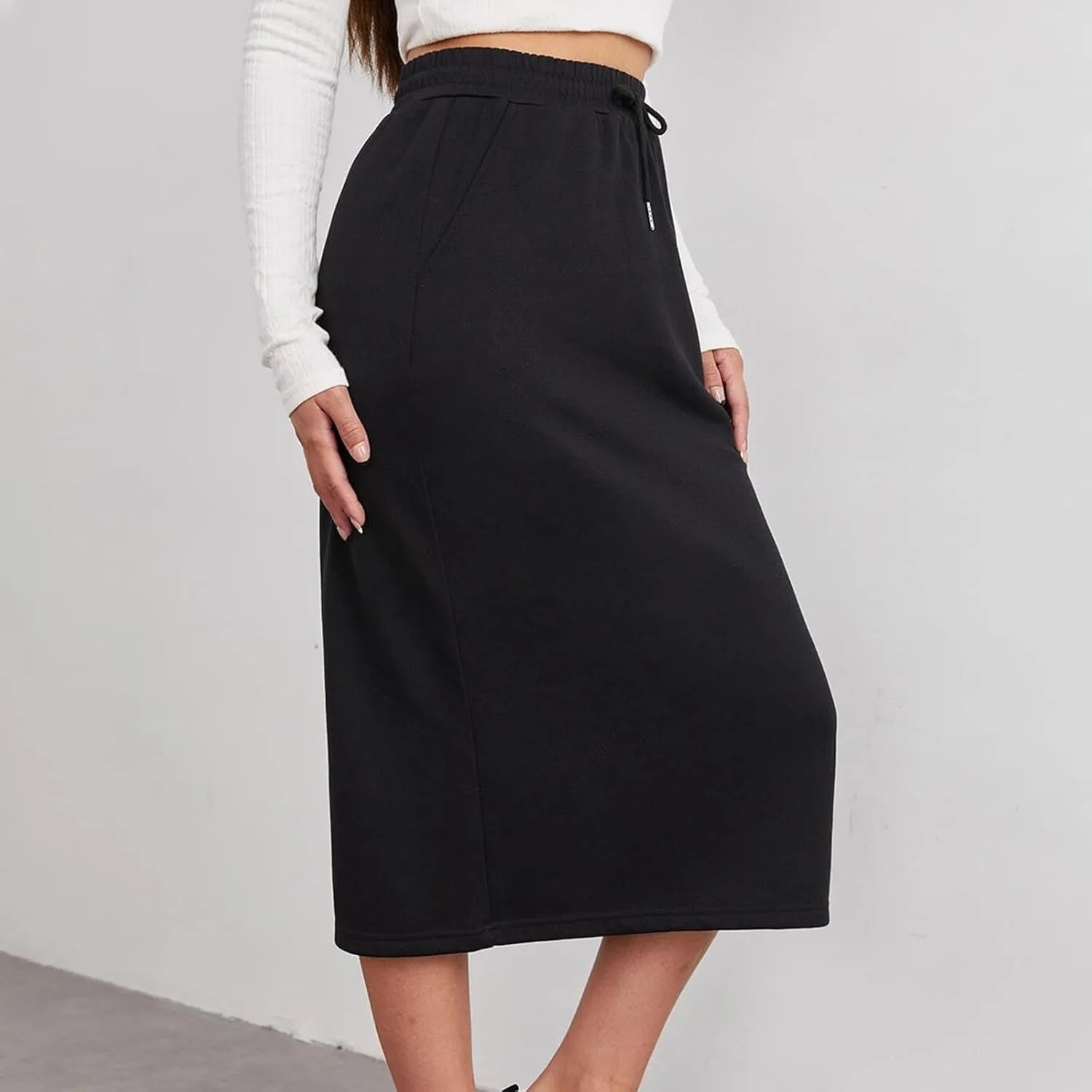 Womens Drawstring Maxi Skirts with Pockets Elastic High Waist A Line Long Sweat Skirt Slit Split Back Pencil Dress