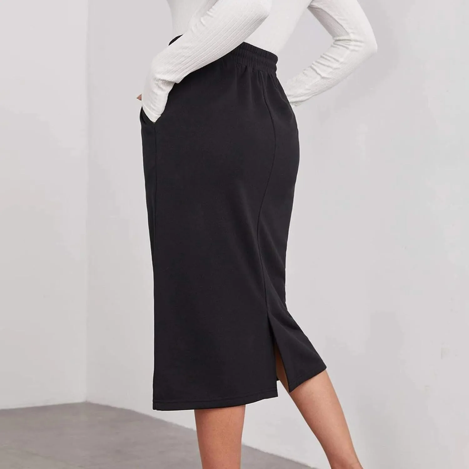 Womens Drawstring Maxi Skirts with Pockets Elastic High Waist A Line Long Sweat Skirt Slit Split Back Pencil Dress