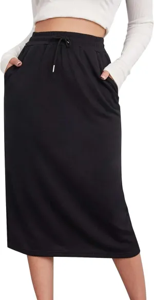 Womens Drawstring Maxi Skirts with Pockets Elastic High Waist A Line Long Sweat Skirt Slit Split Back Pencil Dress