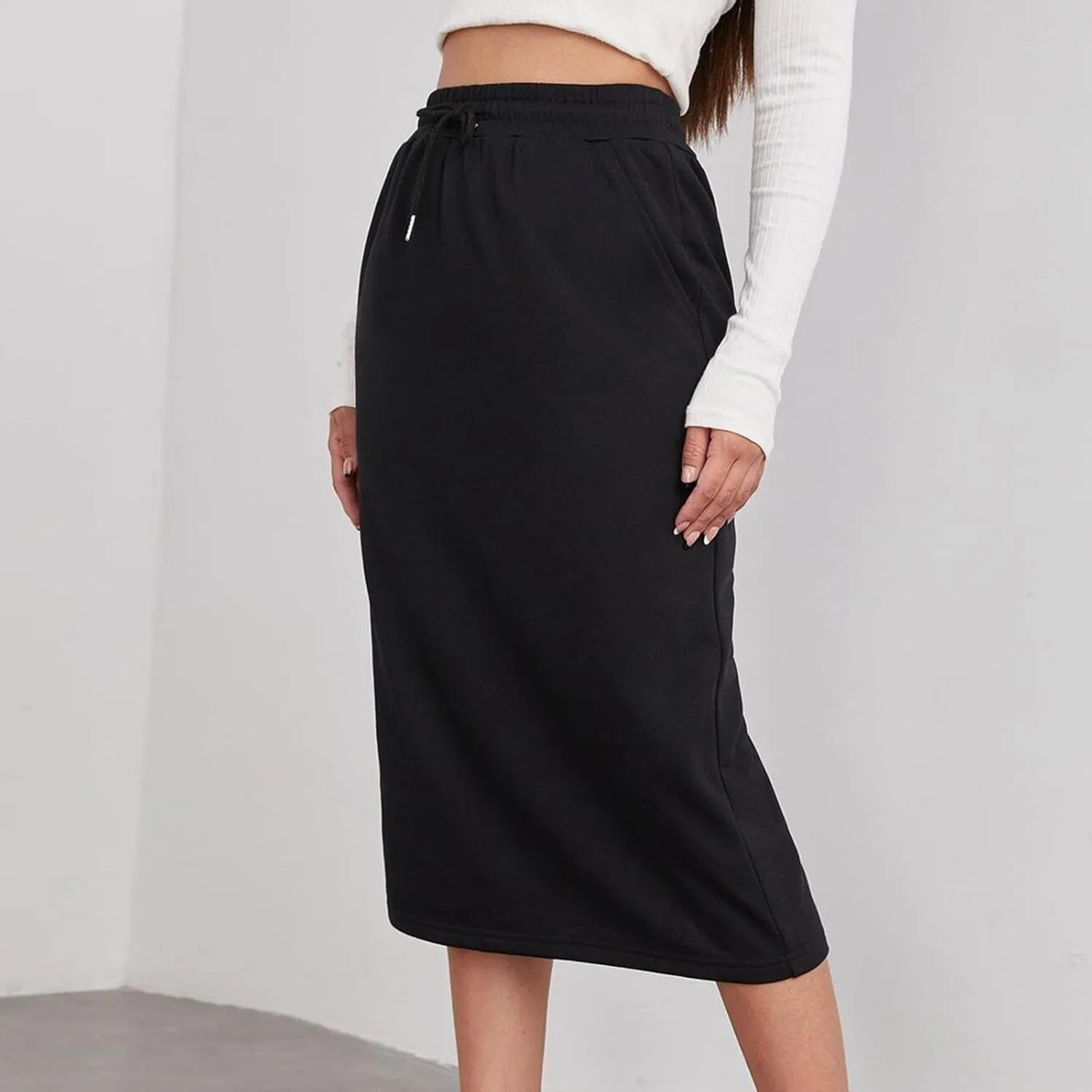 Womens Drawstring Maxi Skirts with Pockets Elastic High Waist A Line Long Sweat Skirt Slit Split Back Pencil Dress