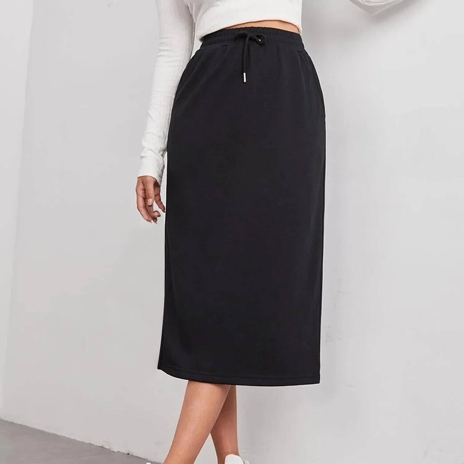 Womens Drawstring Maxi Skirts with Pockets Elastic High Waist A Line Long Sweat Skirt Slit Split Back Pencil Dress