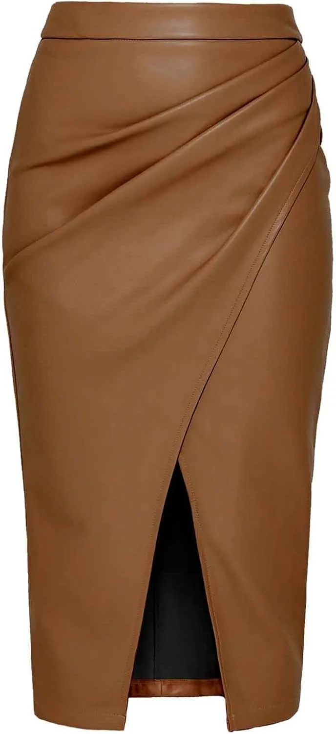 Women's Faux Leather Midi Skirt High Waisted Wrap Ruched Bodycon Work Business Long Skirts Pencil Dress