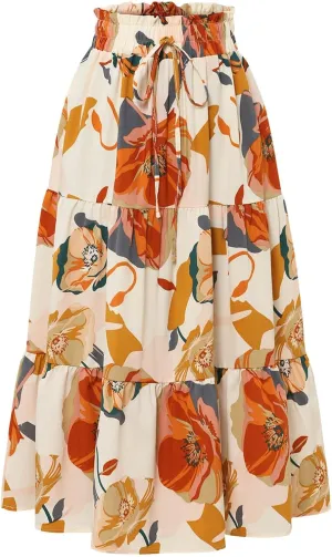 Women's Floral Print Midi Maxi Skirts 2025 Summer Casual Aline Elastic High Waist Pleated Flowy Long Skirt