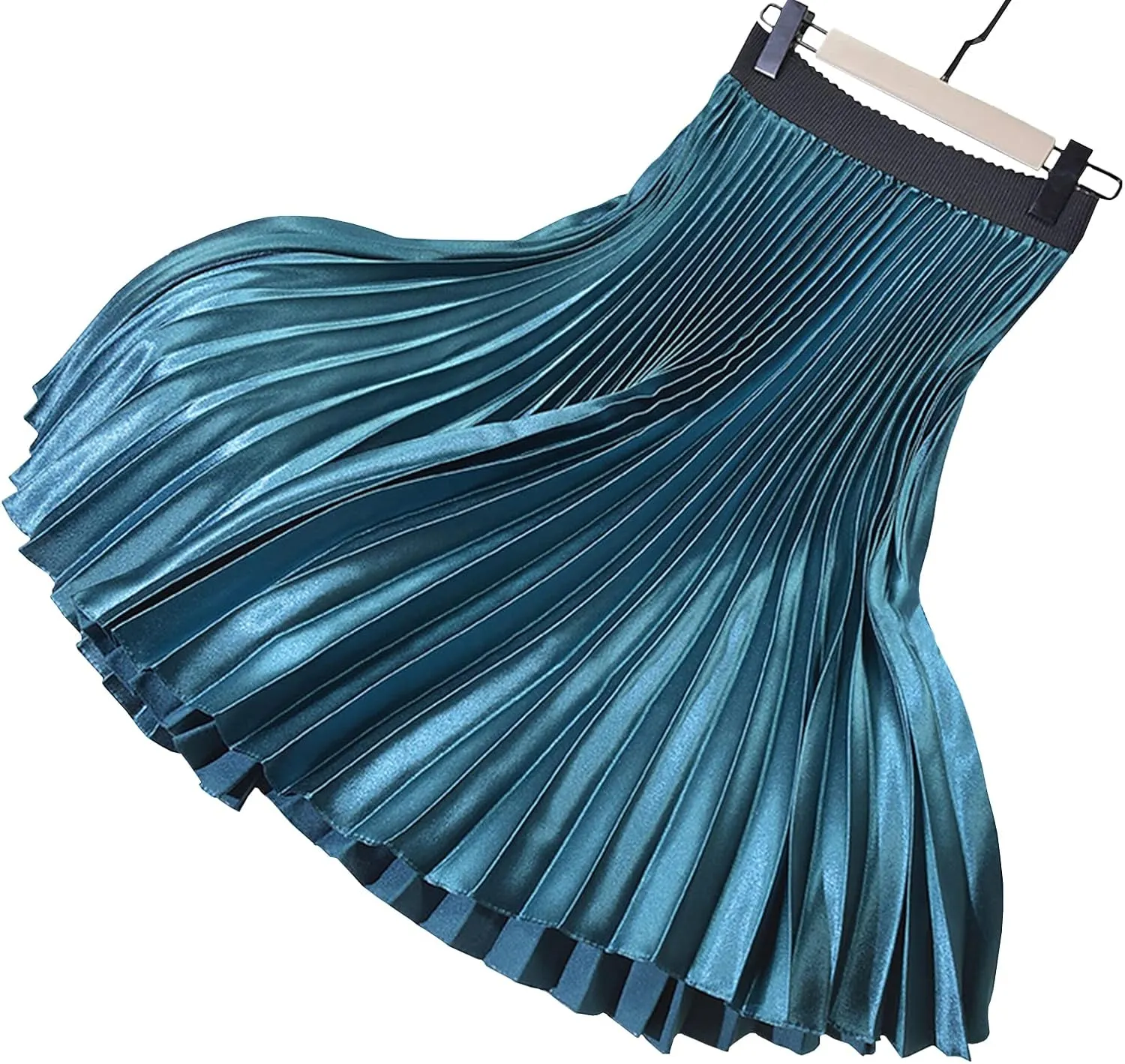 Women's High Elastic Waist Metallic Shiny Accordion A-line Pleated Long Midi Skirt