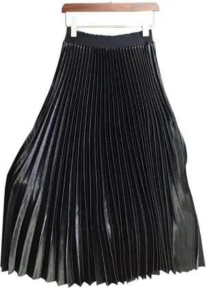 Women's High Elastic Waist Metallic Shiny Accordion A-line Pleated Long Midi Skirt