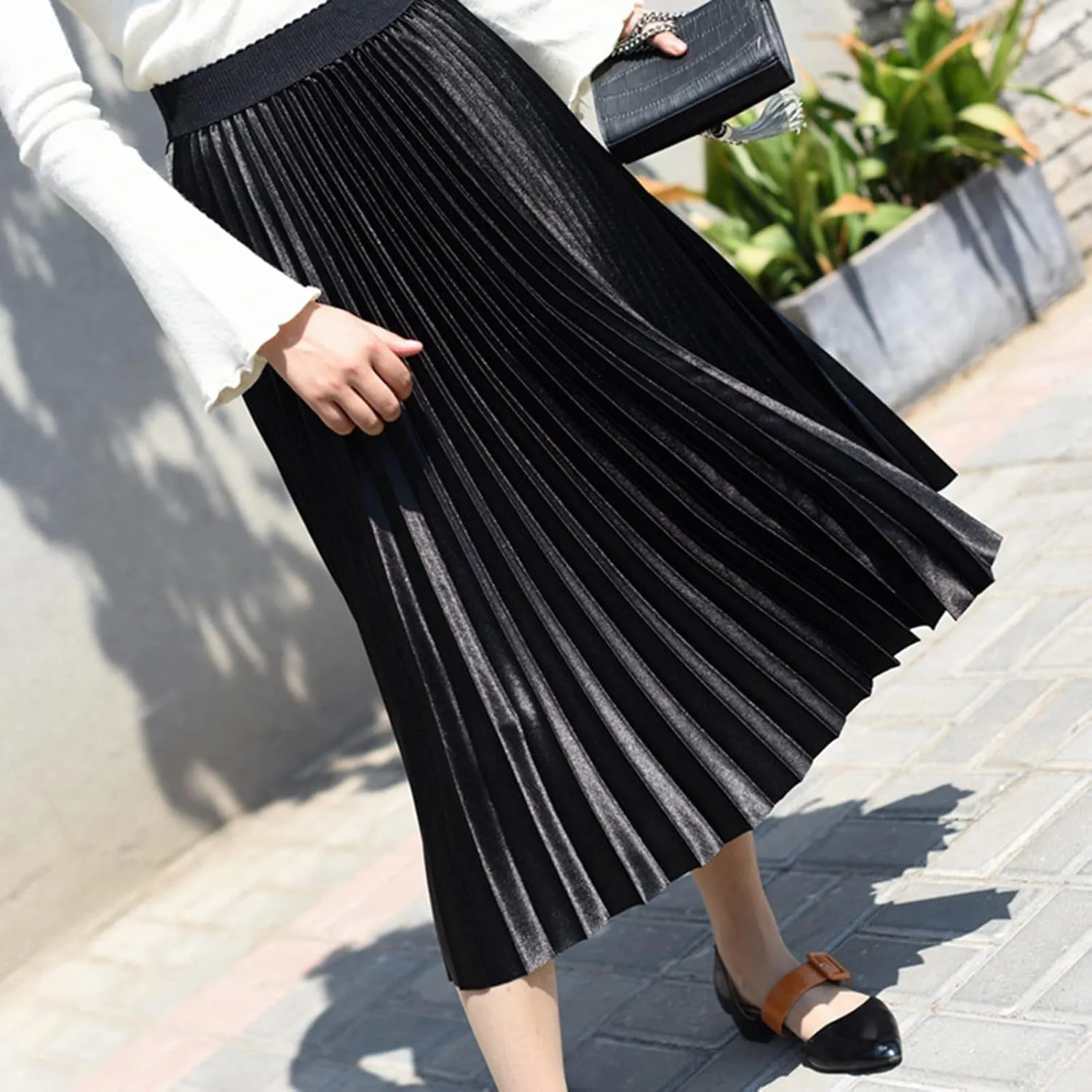 Women's High Elastic Waist Metallic Shiny Accordion A-line Pleated Long Midi Skirt