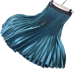 Women's High Elastic Waist Metallic Shiny Accordion A-line Pleated Long Midi Skirt