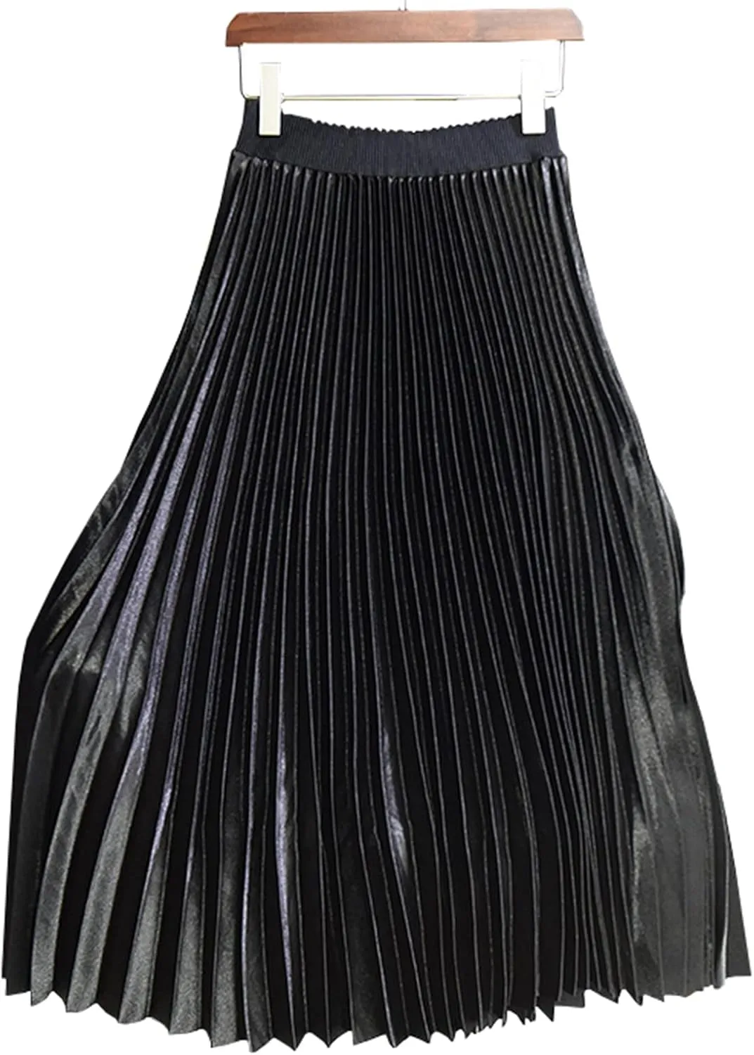 Women's High Elastic Waist Metallic Shiny Accordion A-line Pleated Long Midi Skirt