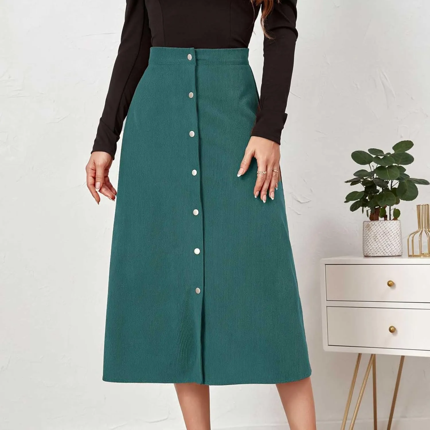 Women's High Waist Corduroy A-Line Skirts Button Down Business Work Office Skirt Casual A Line Trendy Dress