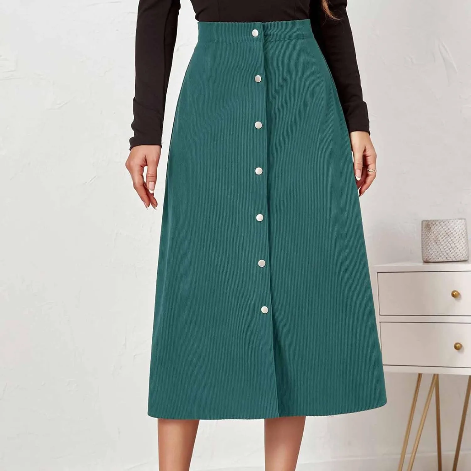 Women's High Waist Corduroy A-Line Skirts Button Down Business Work Office Skirt Casual A Line Trendy Dress