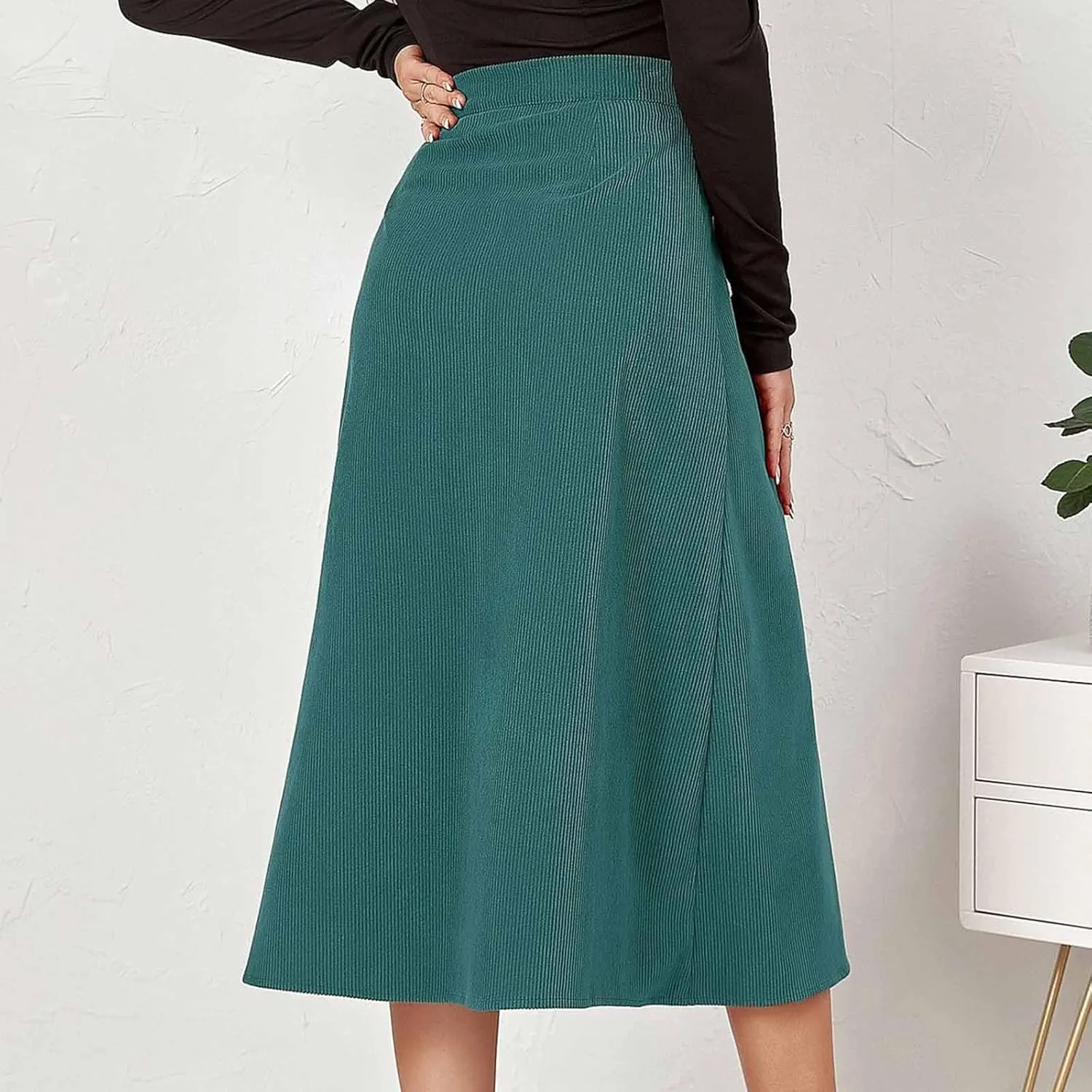 Women's High Waist Corduroy A-Line Skirts Button Down Business Work Office Skirt Casual A Line Trendy Dress