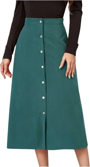 Women's High Waist Corduroy A-Line Skirts Button Down Business Work Office Skirt Casual A Line Trendy Dress