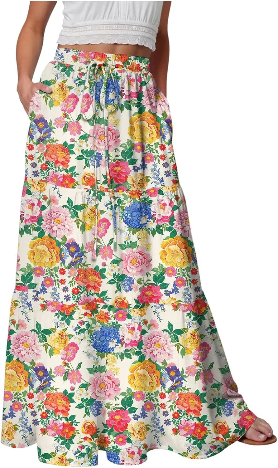 Womens High Waist Maxi Skirt Midi Swing Skirts Beach Vacation Cruise Outfits with Pockets