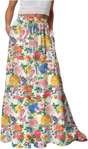 Womens High Waist Maxi Skirt Midi Swing Skirts Beach Vacation Cruise Outfits with Pockets