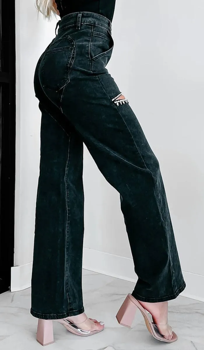Women's High Waist Straight Wide Leg Y2K Denim Pants Cut Out Rhinestone Jeans Streetwear