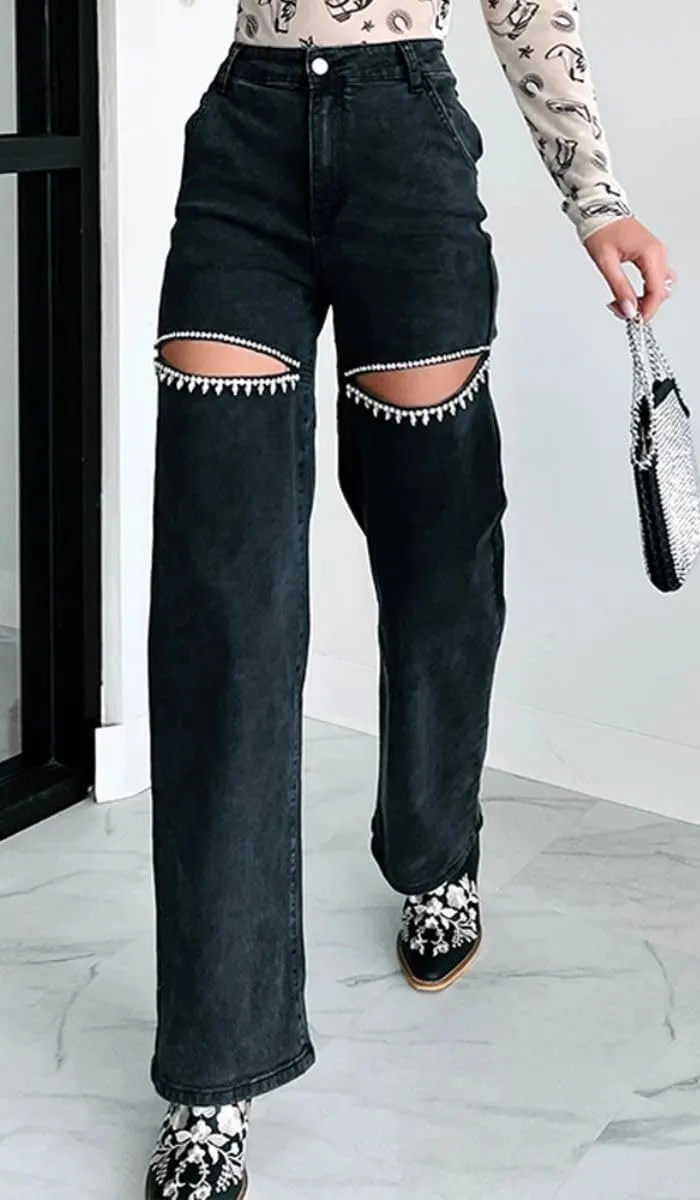Women's High Waist Straight Wide Leg Y2K Denim Pants Cut Out Rhinestone Jeans Streetwear
