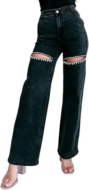 Women's High Waist Straight Wide Leg Y2K Denim Pants Cut Out Rhinestone Jeans Streetwear