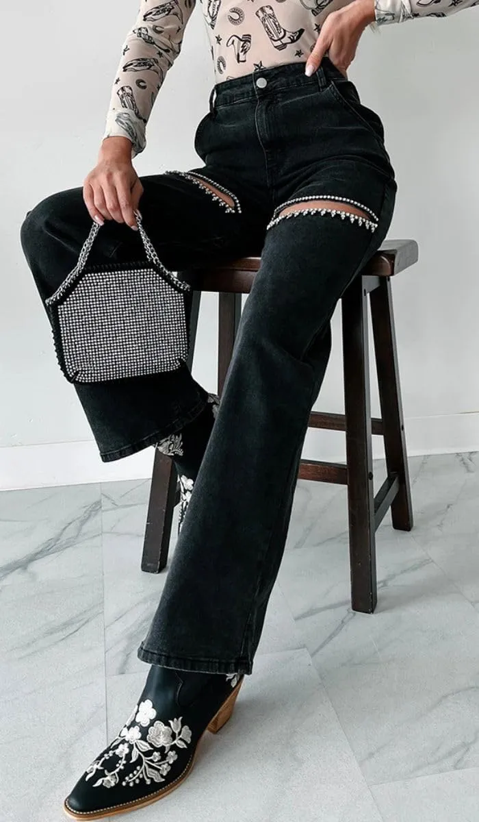 Women's High Waist Straight Wide Leg Y2K Denim Pants Cut Out Rhinestone Jeans Streetwear