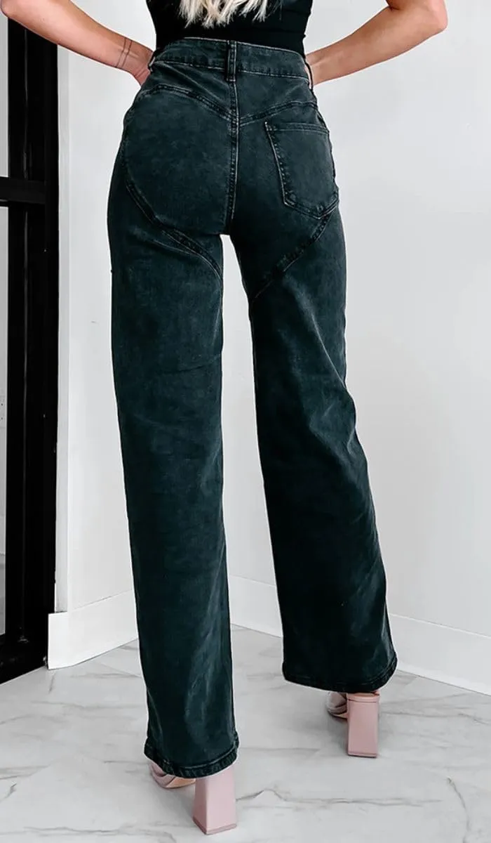 Women's High Waist Straight Wide Leg Y2K Denim Pants Cut Out Rhinestone Jeans Streetwear