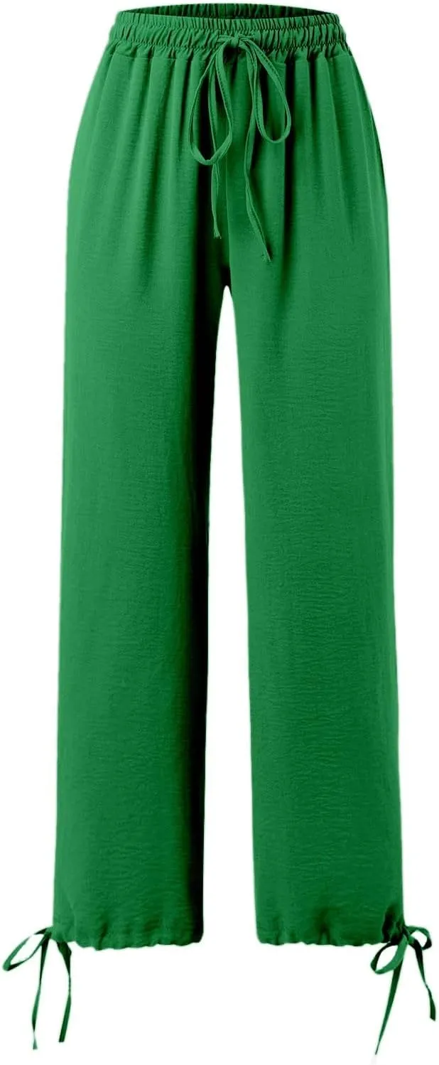 Women's Hiking Pants with Pockets Drawstring Elastic Casual High Waist Straight Wide Leg Trouser for Women 2025