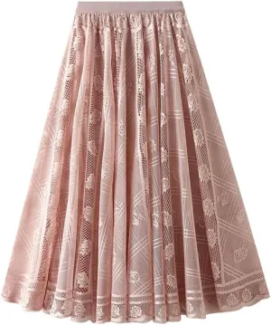 Women's Lace A-Line Pleated Mesh Midi Skirt Spring Medium Length Long Skirt