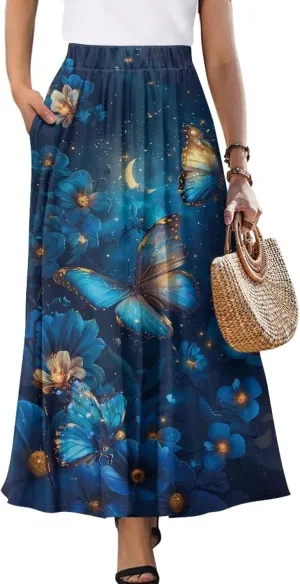 Women's Long High Waist A Line Skirt with Pockets for Women Trendy Hem Women's Long High Waist