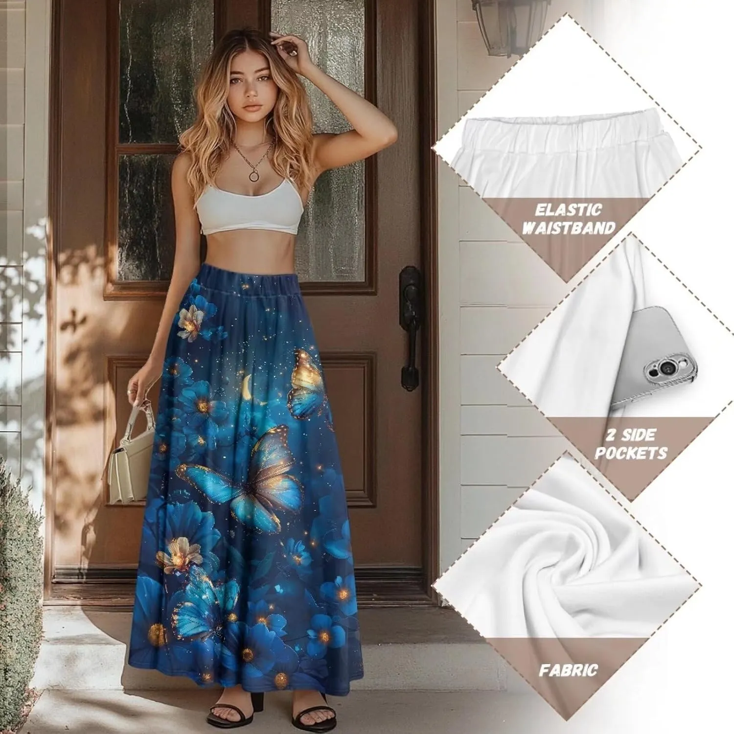 Women's Long High Waist A Line Skirt with Pockets for Women Trendy Hem Women's Long High Waist