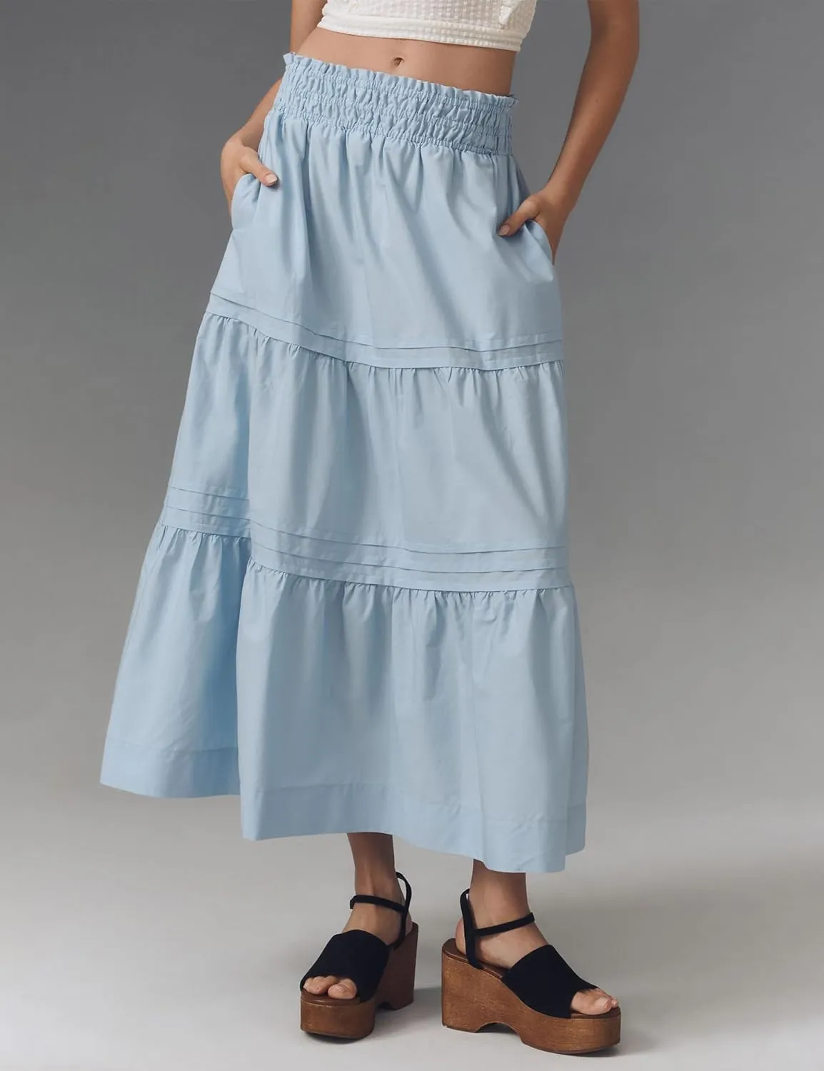 Womens Long Maxi Skirts Casual Boho Smocked High Waisted Flowy Tiered Ruffle A Line Floral Midi Dress with Pockets