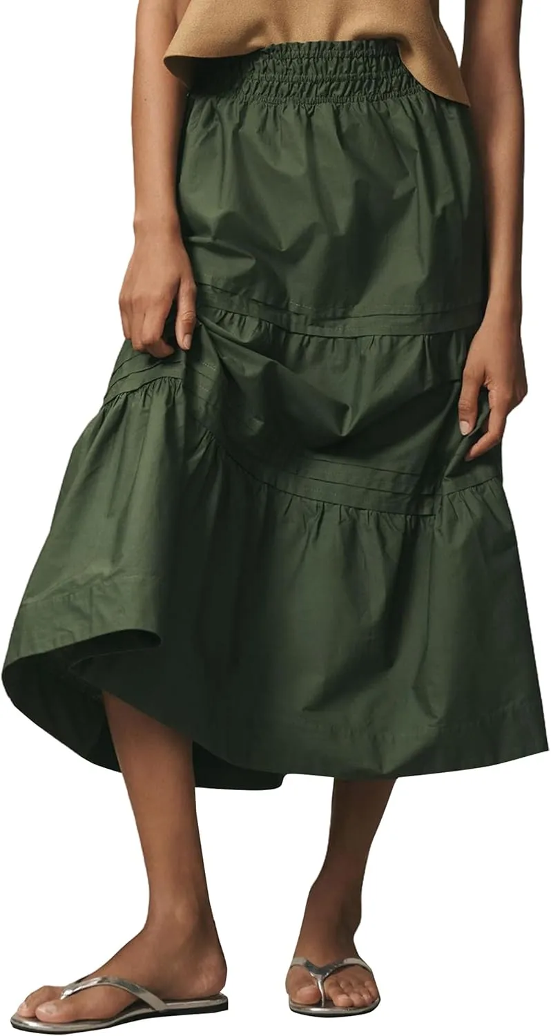 Womens Long Maxi Skirts Casual Boho Smocked High Waisted Flowy Tiered Ruffle A Line Floral Midi Dress with Pockets
