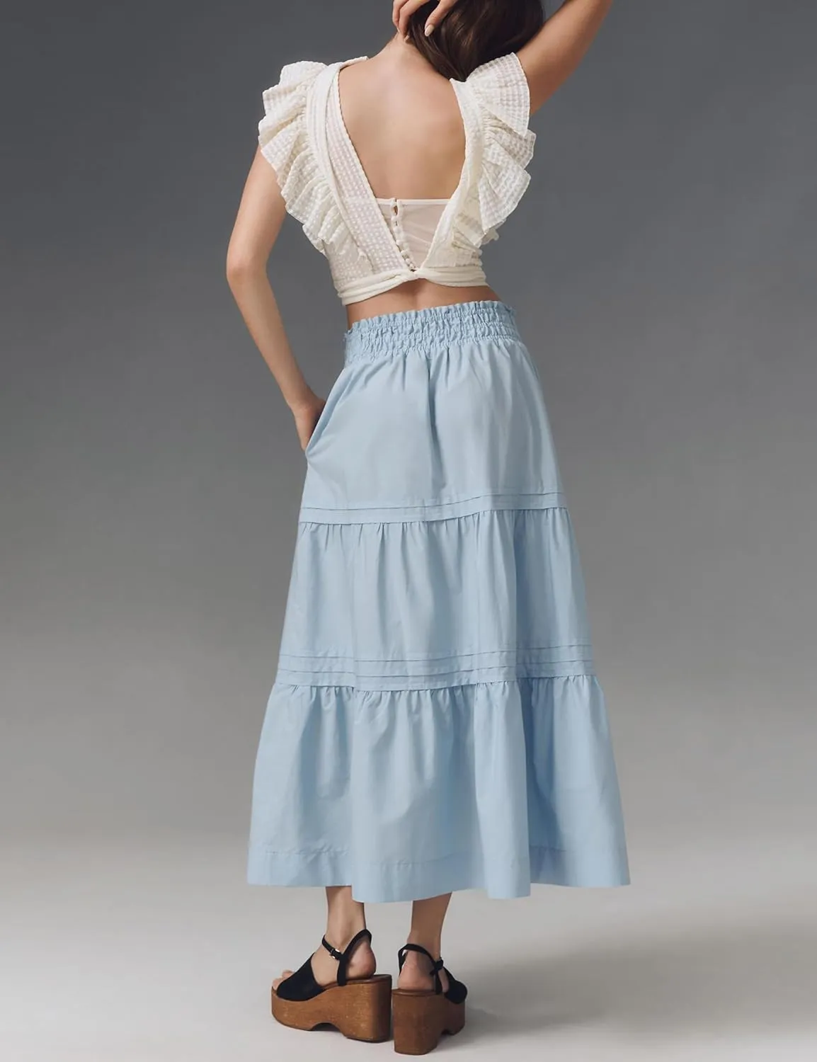 Womens Long Maxi Skirts Casual Boho Smocked High Waisted Flowy Tiered Ruffle A Line Floral Midi Dress with Pockets