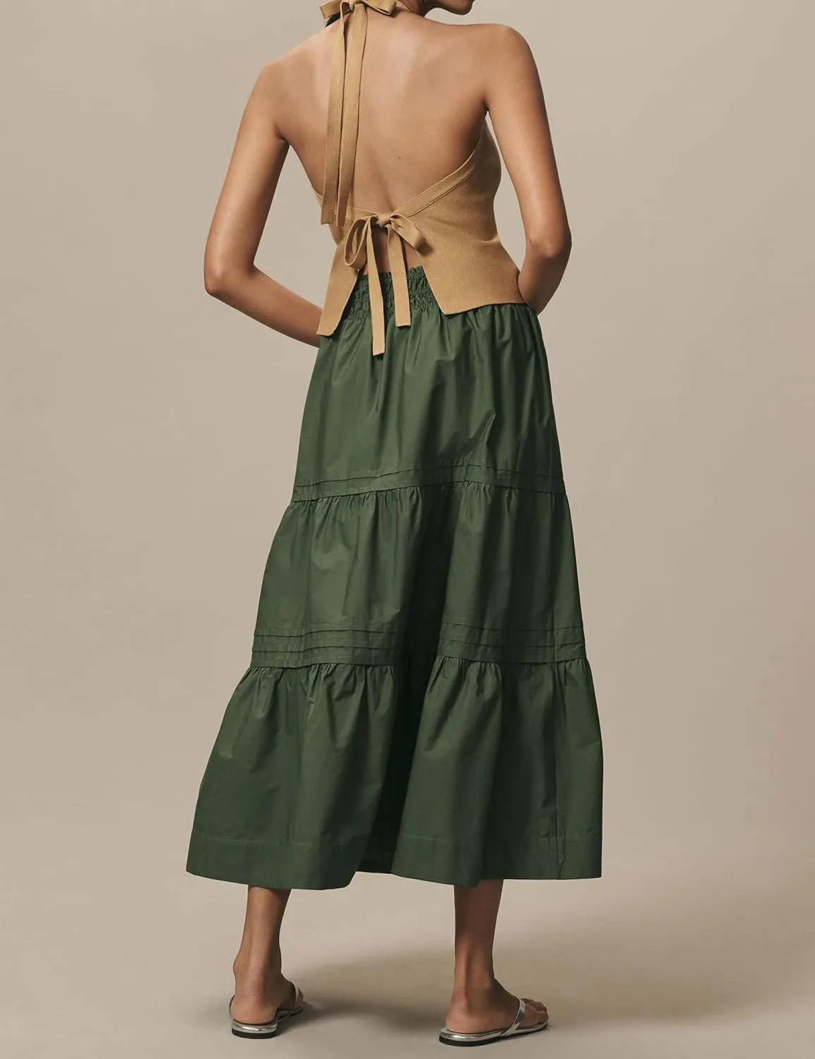 Womens Long Maxi Skirts Casual Boho Smocked High Waisted Flowy Tiered Ruffle A Line Floral Midi Dress with Pockets