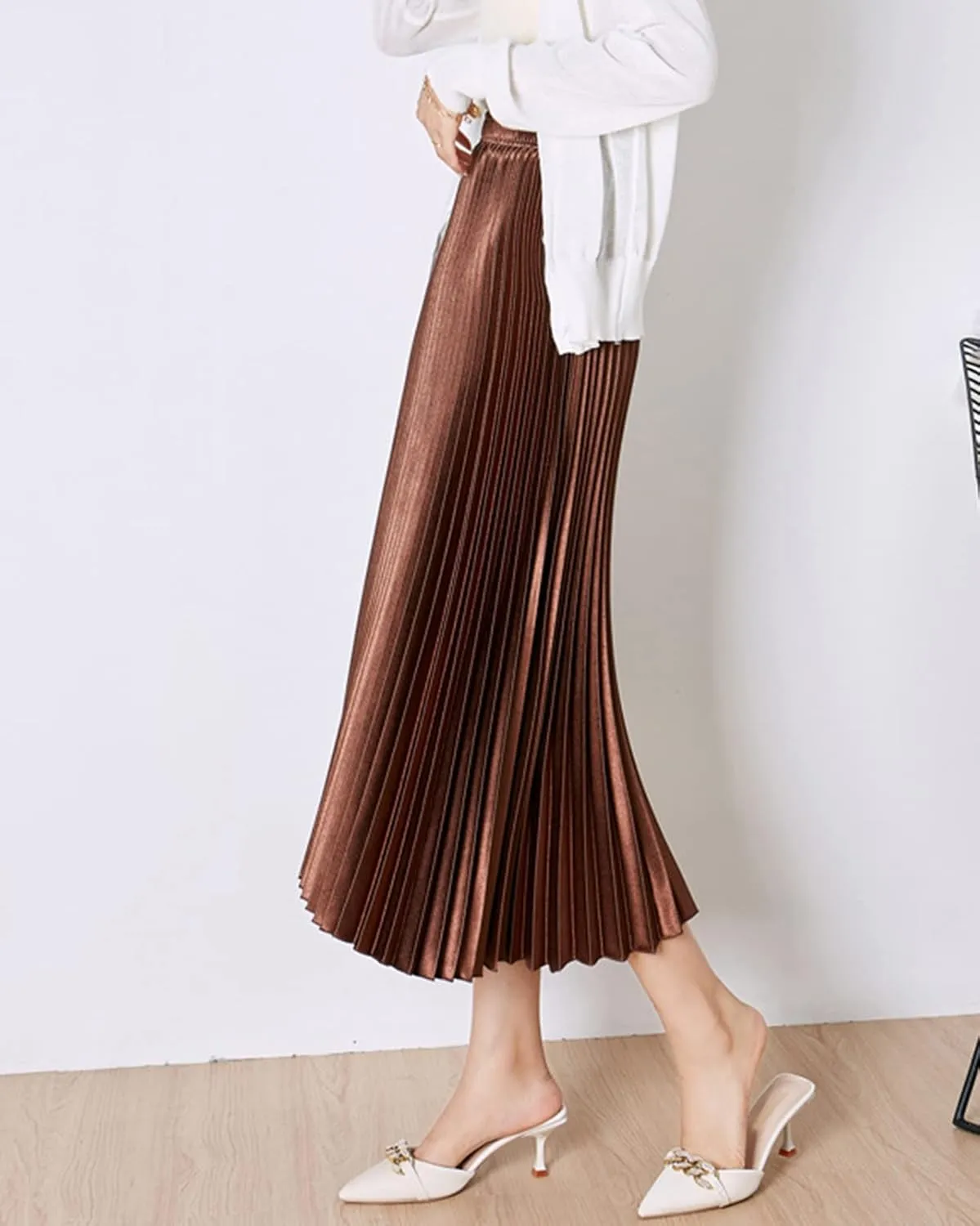 Women's Long Pleated Skirt Elastic Waist Party Metallic Shiny Accordion Pleated Midi Skirt for Women