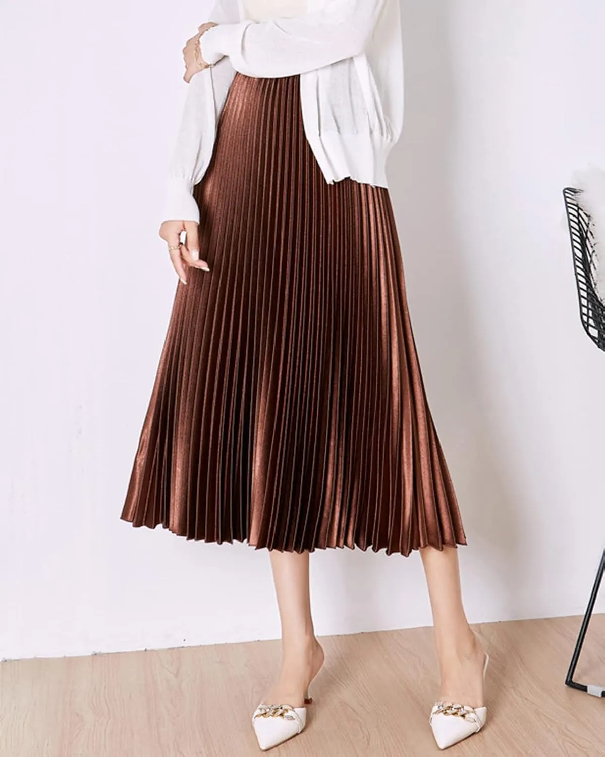Women's Long Pleated Skirt Elastic Waist Party Metallic Shiny Accordion Pleated Midi Skirt for Women