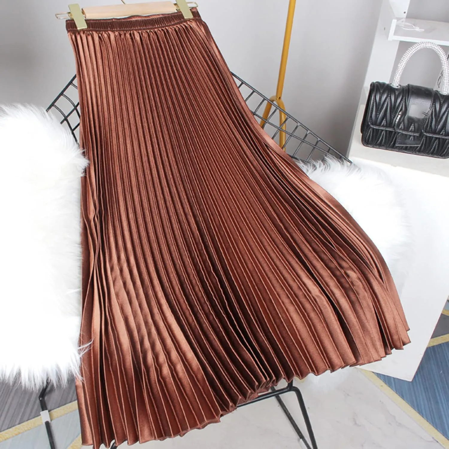 Women's Long Pleated Skirt Elastic Waist Party Metallic Shiny Accordion Pleated Midi Skirt for Women