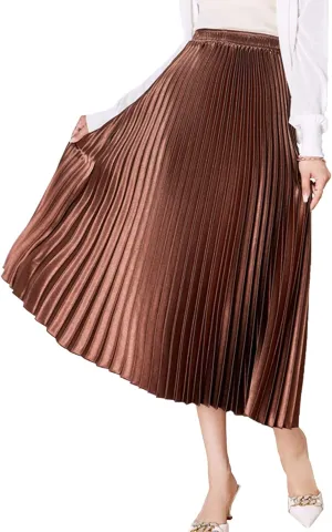 Women's Long Pleated Skirt Elastic Waist Party Metallic Shiny Accordion Pleated Midi Skirt for Women