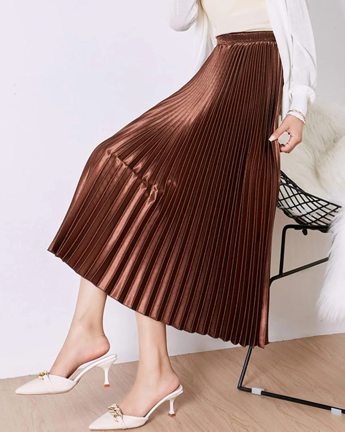 Women's Long Pleated Skirt Elastic Waist Party Metallic Shiny Accordion Pleated Midi Skirt for Women