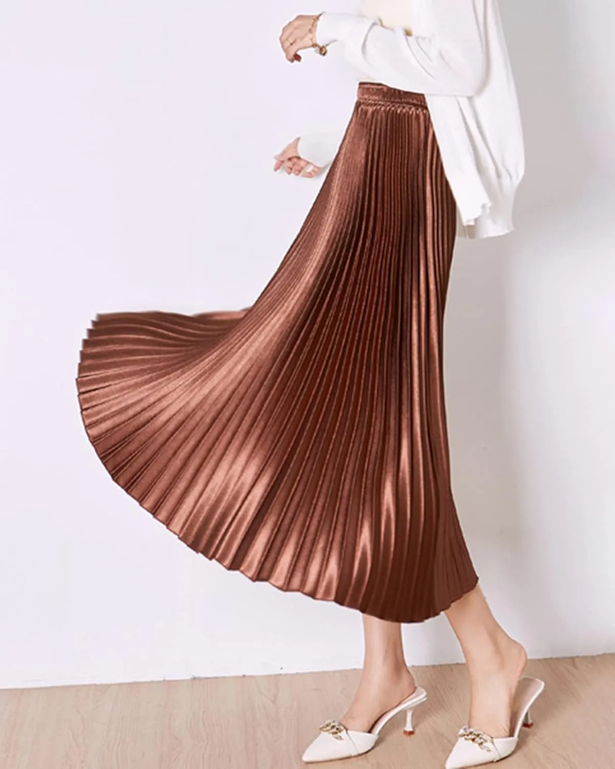 Women's Long Pleated Skirt Elastic Waist Party Metallic Shiny Accordion Pleated Midi Skirt for Women