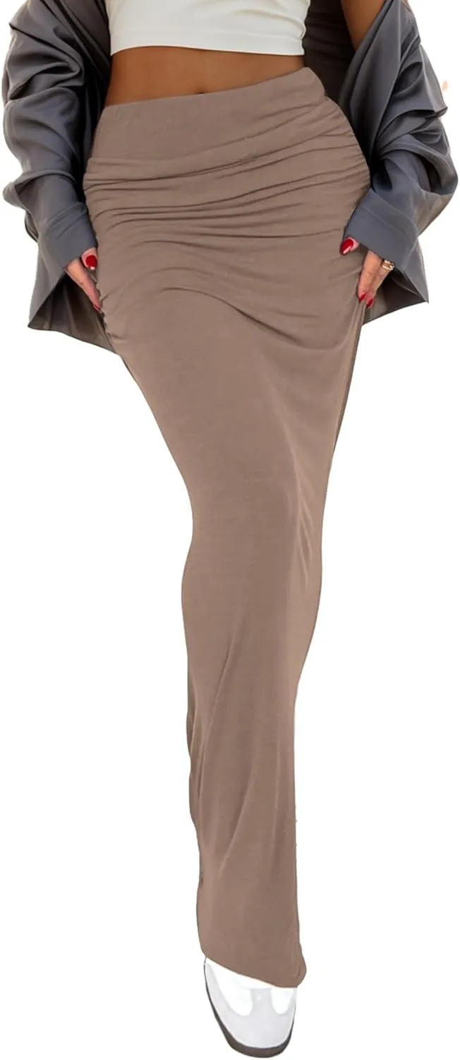 Womens Maxi Skirt Low Waist Ruched Low-Rise Fit Solid Y2K Summer Casual Bodycon Tube Long Skirts