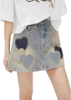 Womens Mini Denim Skirt Heart High Waisted A-Line Y2k Cute Casual Mini Jean Skirts
