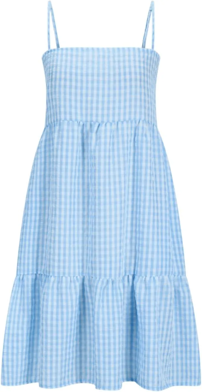 Womens Plaid A-Line Tank Dresses Spaghetti Straps Tiered Ruffle Hem Swing Flowy Casual Mini Dress with Side Pockets