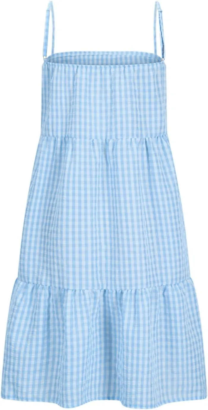 Womens Plaid A-Line Tank Dresses Spaghetti Straps Tiered Ruffle Hem Swing Flowy Casual Mini Dress with Side Pockets