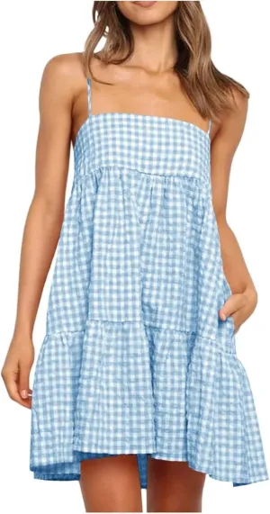 Womens Plaid A-Line Tank Dresses Spaghetti Straps Tiered Ruffle Hem Swing Flowy Casual Mini Dress with Side Pockets