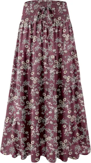 Womens Ruffle Maxi Skirts:High-Waist Elastic Pleated Long Skirt-Summer Casual Boho Flowy Skirts with Drawstring