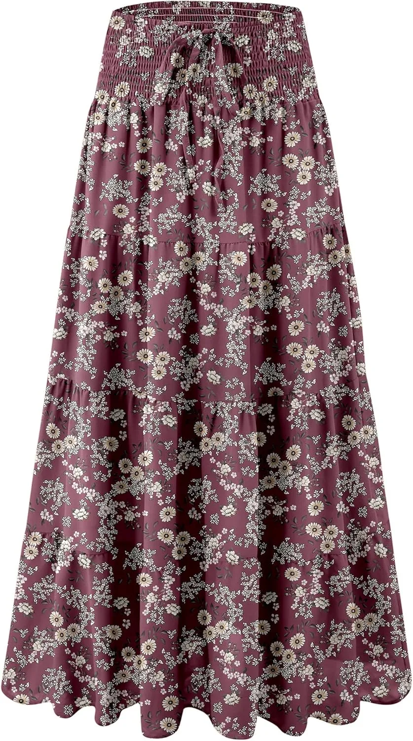 Womens Ruffle Maxi Skirts:High-Waist Elastic Pleated Long Skirt-Summer Casual Boho Flowy Skirts with Drawstring